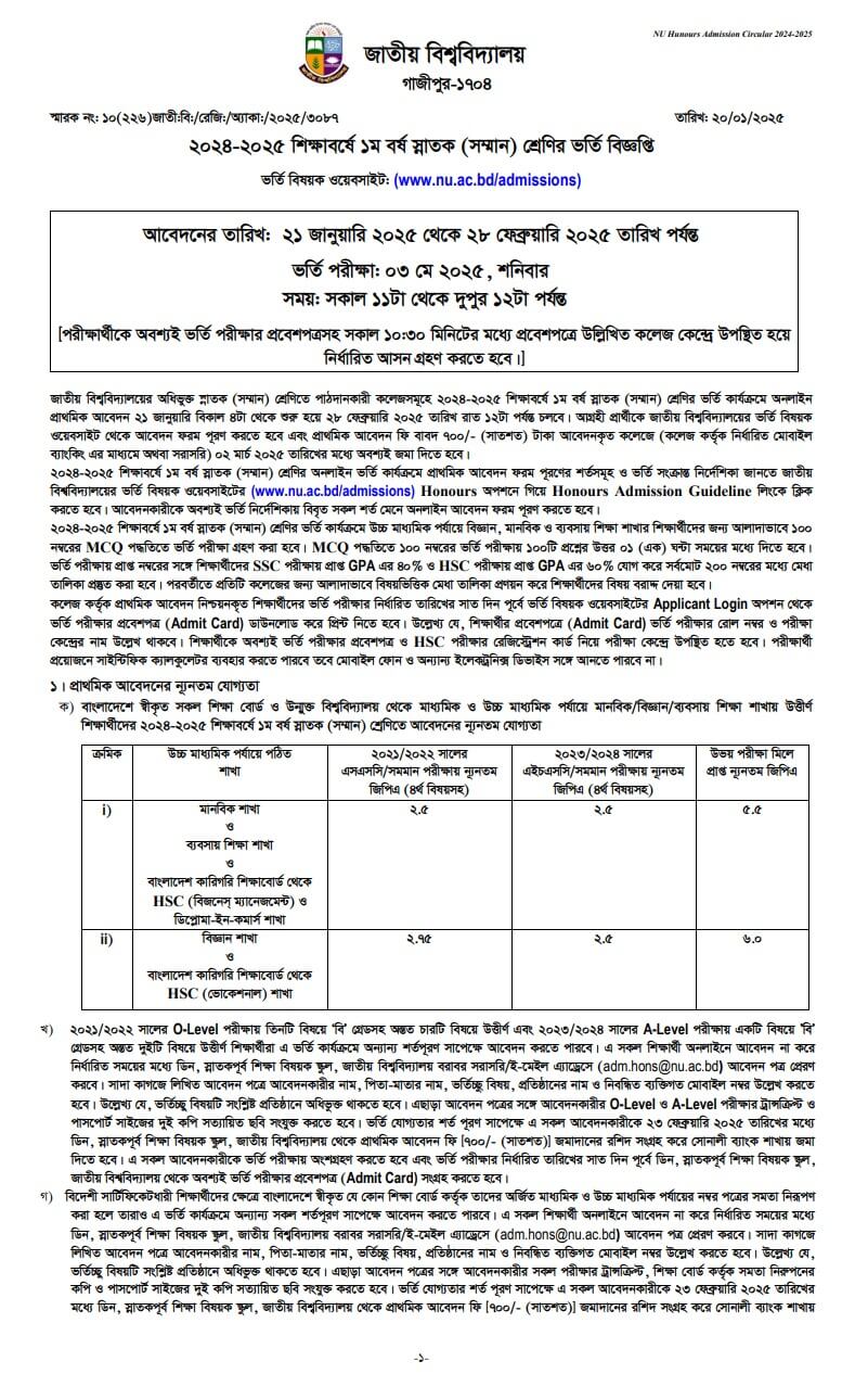 NU Honours Admission Circular 2025